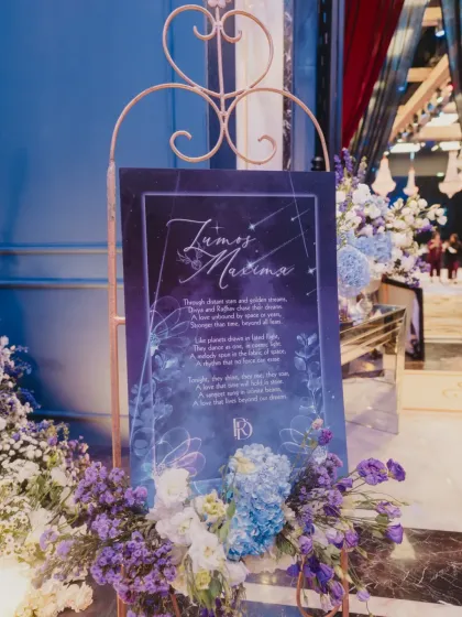 The welcome signage for the Sangeet, beautifully designed with a celestial theme and surrounded by a bed of purple and blue hydrangeas.