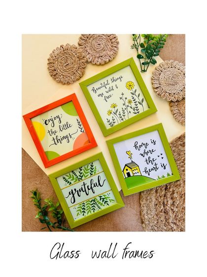 A collection of our colorful glass wall frames with hand-doodled quotes. These frames are perfect for adding a pop of color and a bit of inspiration to any wall in your home.