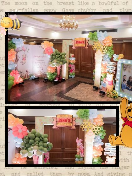 A collage showing the entrance and photo booth area for the Winnie the Pooh party, highlighting the balloon trees and custom signage.
