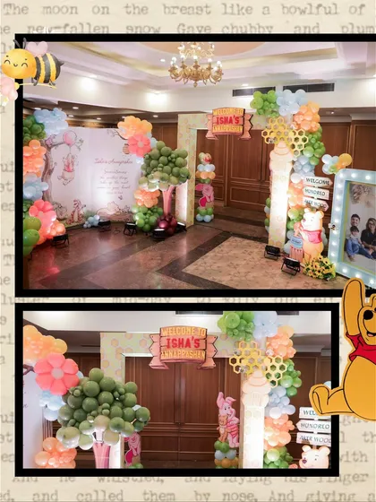 A collage showing different angles of the Winnie the Pooh party entrance decor.