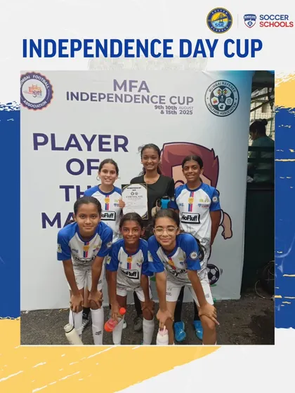 Our U15 girls team after a successful run in the MFA Independence Cup group stages, with one player recognized as 'Player of the Match'.