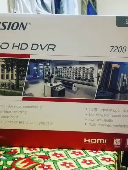 This is the box for a Hikvision Turbo HD DVR, the central brain of the security system. It records all the footage from your cameras and allows you to play it back whenever you need to.