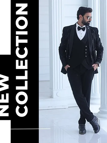Part of our new collection, this black tuxedo is designed for the modern groom. It’s a perfect choice for a reception, engagement party, or pre-wedding shoot.
