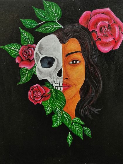 This symbolic acrylic painting explores themes of life, death, and unity. It's a more conceptual piece, showing how I can translate complex ideas onto the canvas.