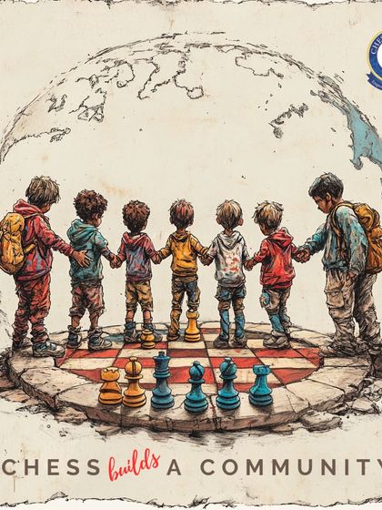 Chess builds a community. This drawing shows children from around the world holding hands on a chessboard, symbolizing the universal language of the game.