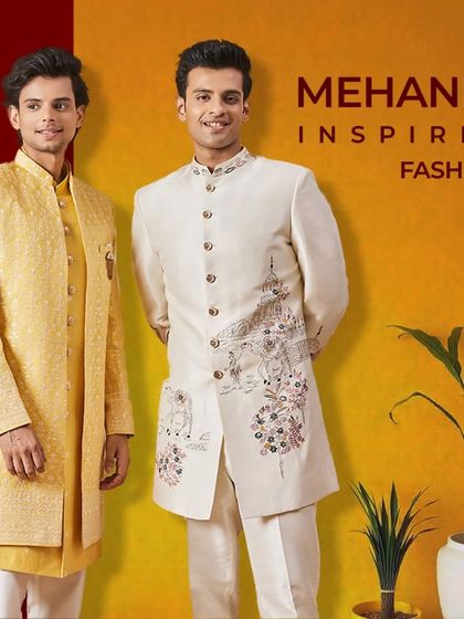 Mehendi Inspired Fashion. A collage of two men in our Mehendi-appropriate outfits, one in a yellow sherwani and another in a white Indo-Western with floral embroidery.