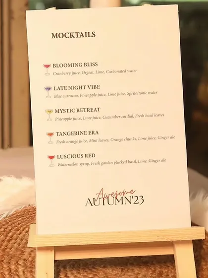 Even the menu is part of the story. A custom-designed mocktail menu for the Madame Fashions event, reflecting the "Awesome Autumn" theme in its design and offerings.