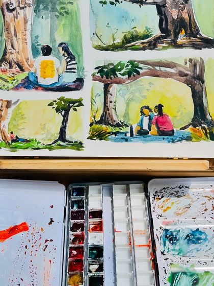 A collection of small watercolor studies I did at Cubbon Park. I was capturing different groups of people enjoying the park, all on one page.
