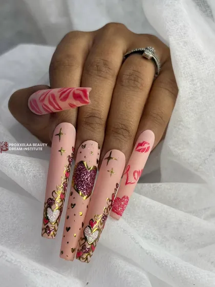 A playful and romantic set perfect for Valentine's Day. It features multiple designs including glitter hearts, gold foil, and "Love" script on long coffin nails.