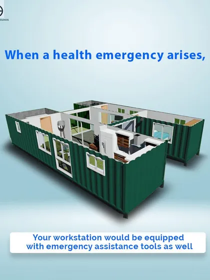 This concept shows a mobile health workstation equipped with emergency assistance tools. It's a vital solution for health workers, providing a safe and sterile environment where it's needed most.