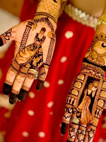 A stunning Karva Chauth design featuring a couple in a romantic pose. The details, from the outfits to the expressions, are all carefully crafted.