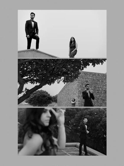 A collage of black and white pre-wedding portraits, showcasing a moody, cinematic style with a focus on dramatic poses and lighting.