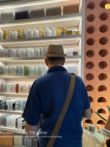 Material is everywhere, even on a holiday. Puran Kumar browsing a mosaic tile outlet in NYC, always looking for inspiration.