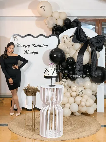 The complete look of the black and white birthday setup, ready for the celebration.