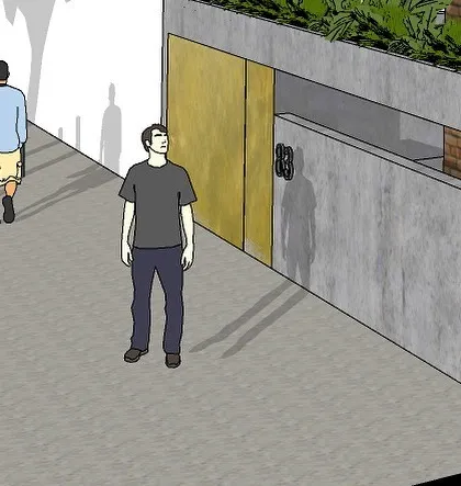 Detail of the street-level entrance of 'Project 83', showing the interaction between the building and the public realm.