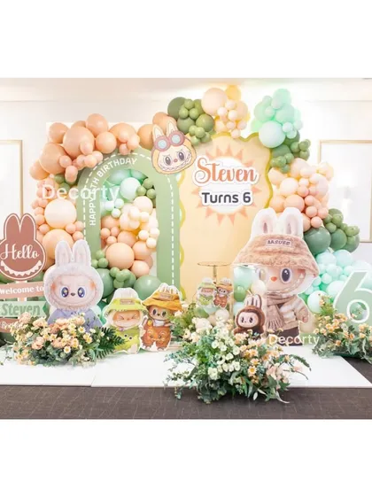 The full backdrop for the unique and stylish Labubu birthday party.