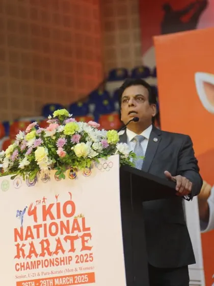 Addressing the participants and audience at the 4th KIO National Karate Championship. My speeches aim to inspire and reinforce the values of our organization.