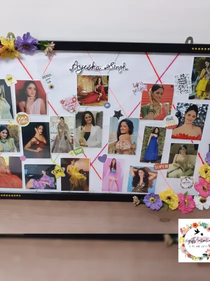 A vibrant handmade photo collage frame for actress Ayesha Singh, decorated with colorful flowers.