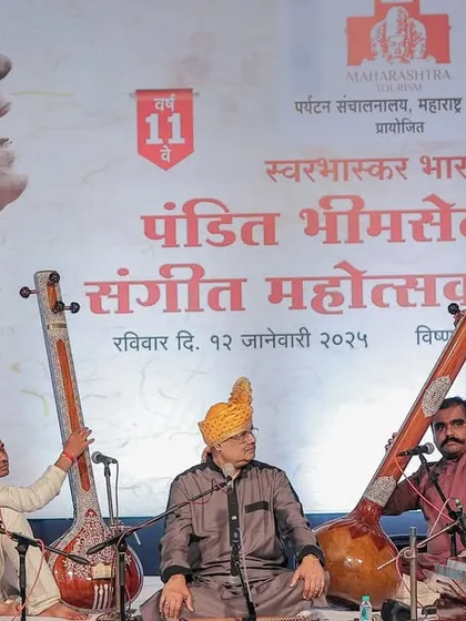 A gallery of cherished moments accompanying the legendary vocalist, Guruji Padma Bhushan Pandit Ajoy Chakraborty ji, at various prestigious festivals.