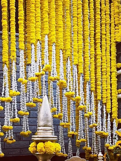 A detailed shot of the marigold and tuberose backdrop for a Haldi ceremony. The dense curtain of yellow flowers creates a vibrant and traditional setting for photos and rituals.