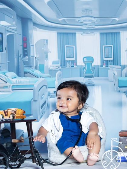 Another shot of our little doctor, looking happy and confident with his stethoscope. The detailed background adds a professional touch to this fun concept.