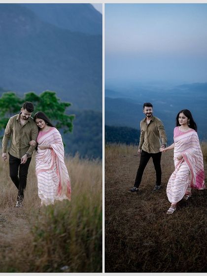 Two more portraits from the same mountain session, showing the couple walking together and enjoying the breathtaking views.