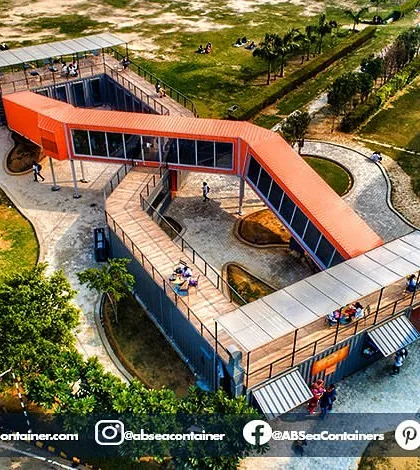 This aerial view captures the architectural complexity and scale of 'Cafe Infinity', a multi-level restaurant we constructed entirely from shipping containers. It demonstrates our ability to execute large, creative commercial projects.