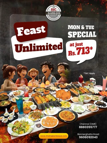 Kickstart your week the right way. Enjoy an unlimited feast on Mondays and Tuesdays for just ₹713.