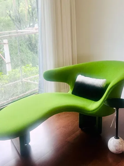 A detailed look at the centerpiece of the reading nook. This ergonomically designed chaise lounge in a vibrant lime green is a piece of functional art, offering the perfect spot to relax with a book.