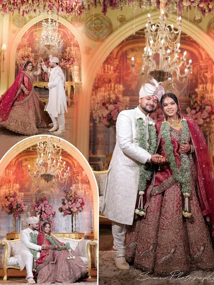 A multi-photo collage capturing various moments of the couple on their wedding stage.