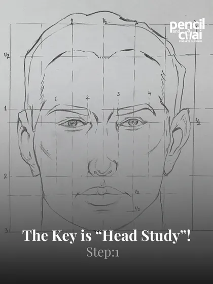 The key is "Head Study". This front-view construction shows how we map out the face to ensure all features are placed correctly.