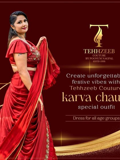 Make this Karwa Chauth memorable with a special outfit. This red draped saree is designed for all age groups, blending tradition with modern style.