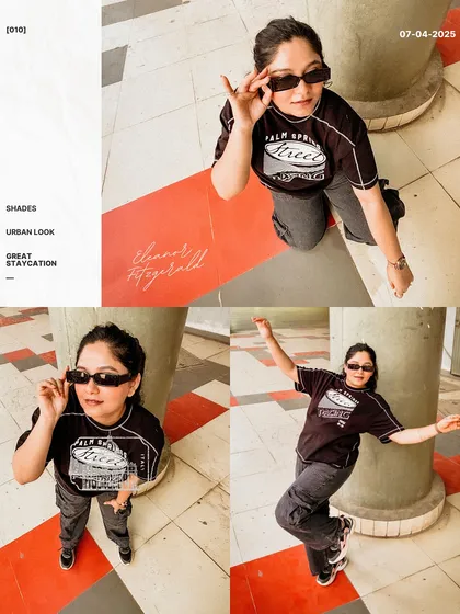 A collage of street fashion moments. These shots capture different angles and poses in an urban setting, showing off a casual, cool look from head to toe.