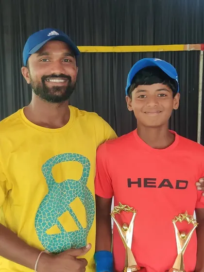 Rishikesh Mane with his trophies for Singles Winner and Doubles Runner-up at the All India Championship Series in Kota, Rajasthan.