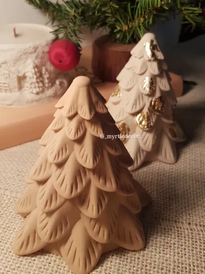 Another angle of our handmade Jesmonite Christmas trees, showing the fine details of the layered branches. These little sculptures are a quiet celebration of the season.