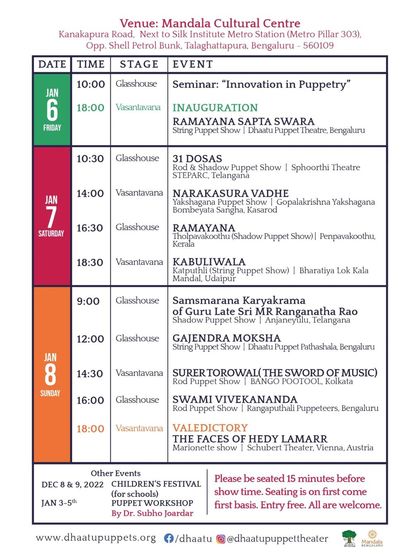 The complete schedule for the Dhaatu International Puppet Festival 2023, with events spread across three days at the Mandala Cultural Centre.