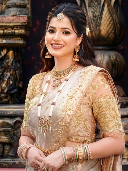 A full-length view of our stunning South Indian bride. We work with our clients to achieve their desired look while ensuring they feel comfortable and confident on their special day.