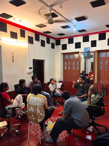 An interactive group session in progress at our Jayanagar studio. Learning to act is also about learning to listen and react, and our group exercises are designed to hone these essential skills.