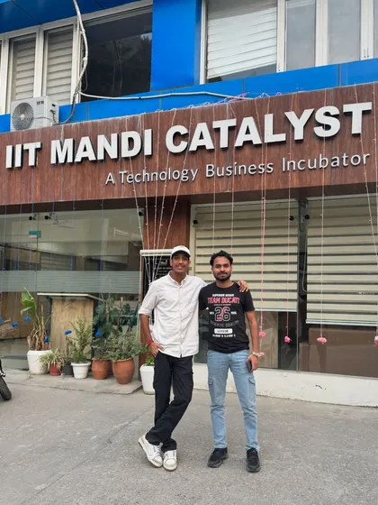 With my partner outside the IIT Mandi Catalyst incubator. We are here to build and grow the drone community.