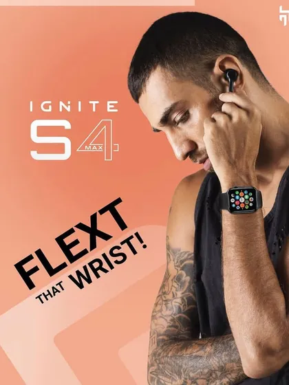 An advertisement graphic for Crossbeats, combining a product shot with bold text. The image shows a model using the smartwatch and earbuds during a workout, with the phrase 'Flext that Wrist!' to create a punchy, action-oriented message.