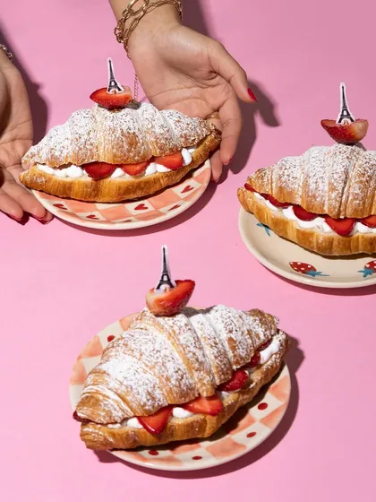 My Strawberry Croissant is a seasonal special. It's a freshly baked eggless croissant filled with a light mascarpone cream, strawberry jam, and fresh strawberries.