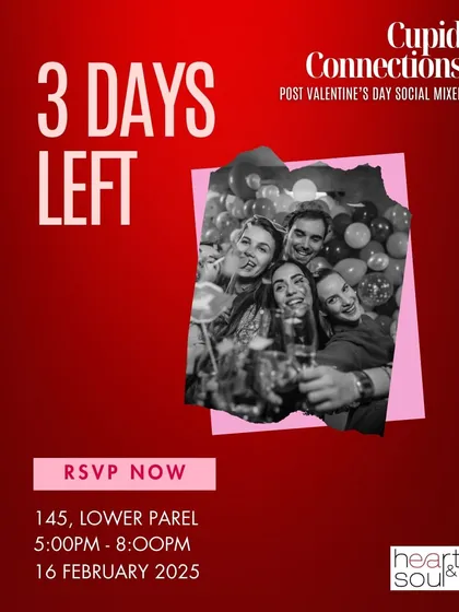 The countdown for our post-Valentine's mixer. The image of a group celebrating together perfectly encapsulates the fun, social vibe of the event.
