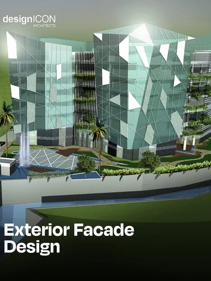 A glimpse into our conceptual work, this 3D render showcases a futuristic exterior facade design inspired by the facets of a diamond. We explored how faceted glass, vertical green terraces, and perforated screens can create a building that is both sculptural and sustainable.