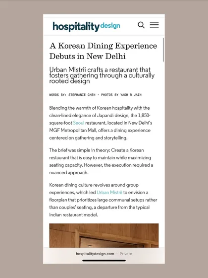 The opening of the Hospitality Design article, which describes how we crafted a dining experience centered on gathering and storytelling, a departure from the typical Indian restaurant model.
