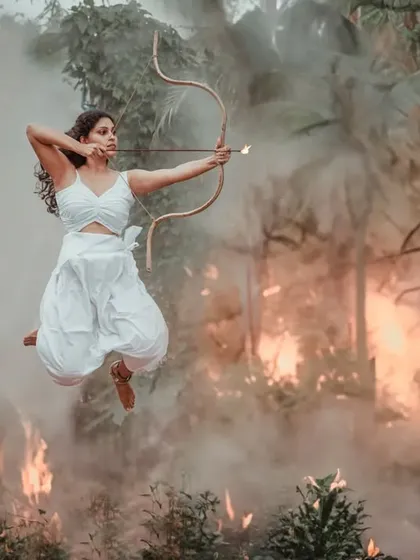 An action shot from a warrior-themed conceptual series. Capturing the model mid-air required precise timing and a setup with atmospheric smoke and fire to create a cinematic, high-impact scene. This demonstrates my capability in executing complex, story-driven concepts.