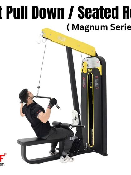 A user at the peak contraction of a lat pulldown.