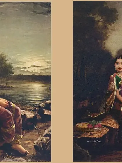 Recreating the mood and setting of a famous Raja Ravi Varma painting, "Lady by the River." This full-length portrait captures the elegance and grace of the original artwork.
