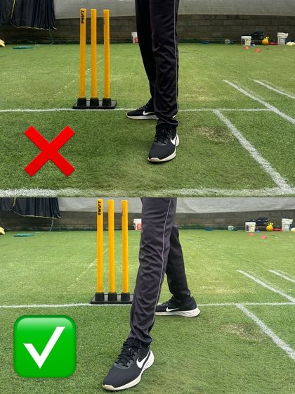 This image shows the ideal foot alignment for a right-arm spinner. The back foot lands side-on, and the front foot heel is in line with the back foot toe, creating a stable base for rotation.