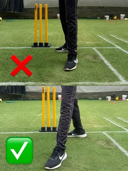 This image shows the ideal foot alignment for a right-arm spinner. The back foot should land with the toe facing leg slip, and the front heel should be in line with the back foot toe.