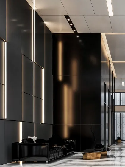 This render captures the reflections on the glossy black panels, adding depth and sophistication to the minimalist design.
